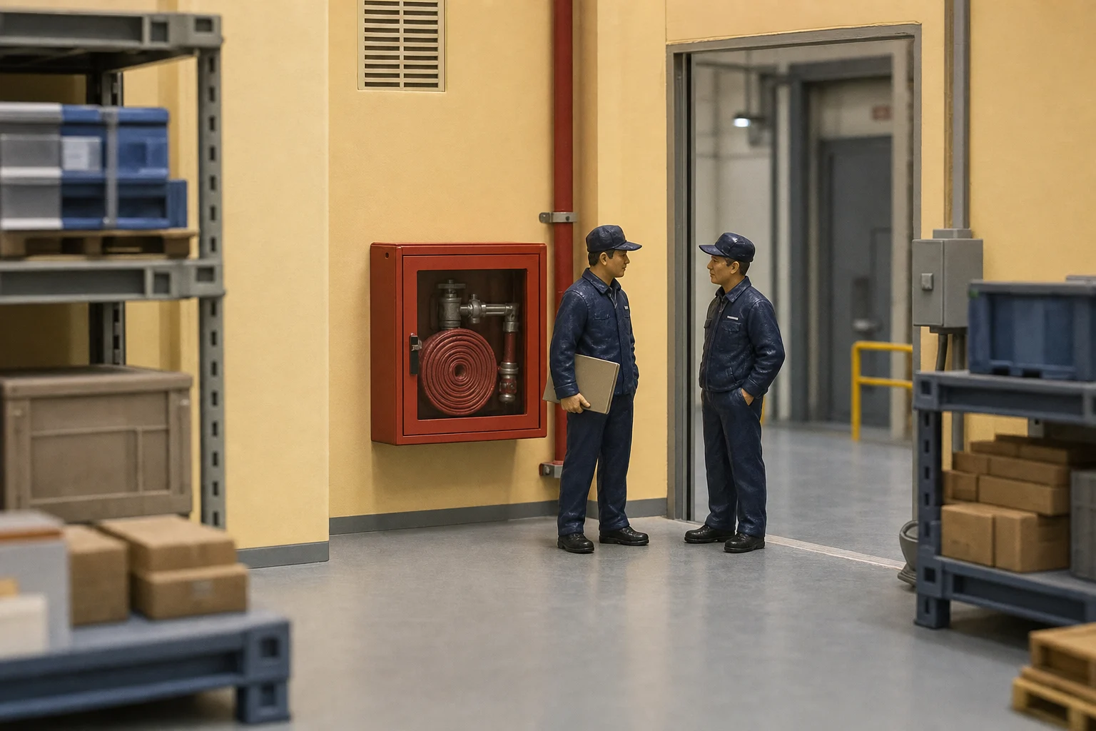Две пластиковые фигурки специалистов осматривают используемое помещение с настенным пожарным шкафом
